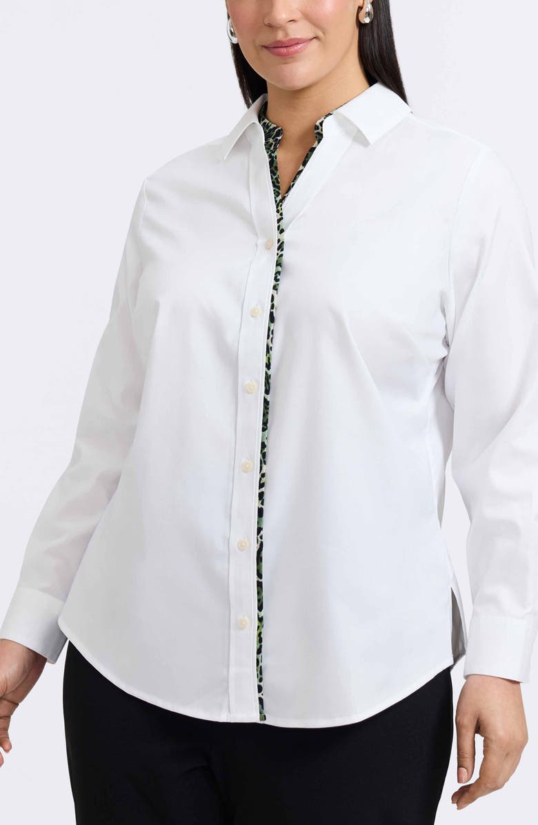 Foxcroft Marlee Leopard Trim Cotton Blend Button-Up Shirt, Main, color, White