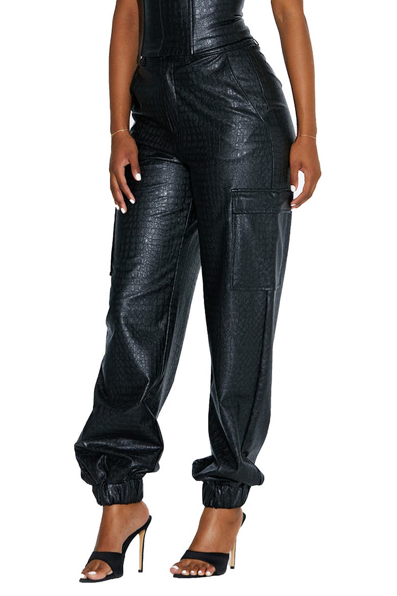 The Crocodile Faux Leather Joggers, Alternate, color, BLACK