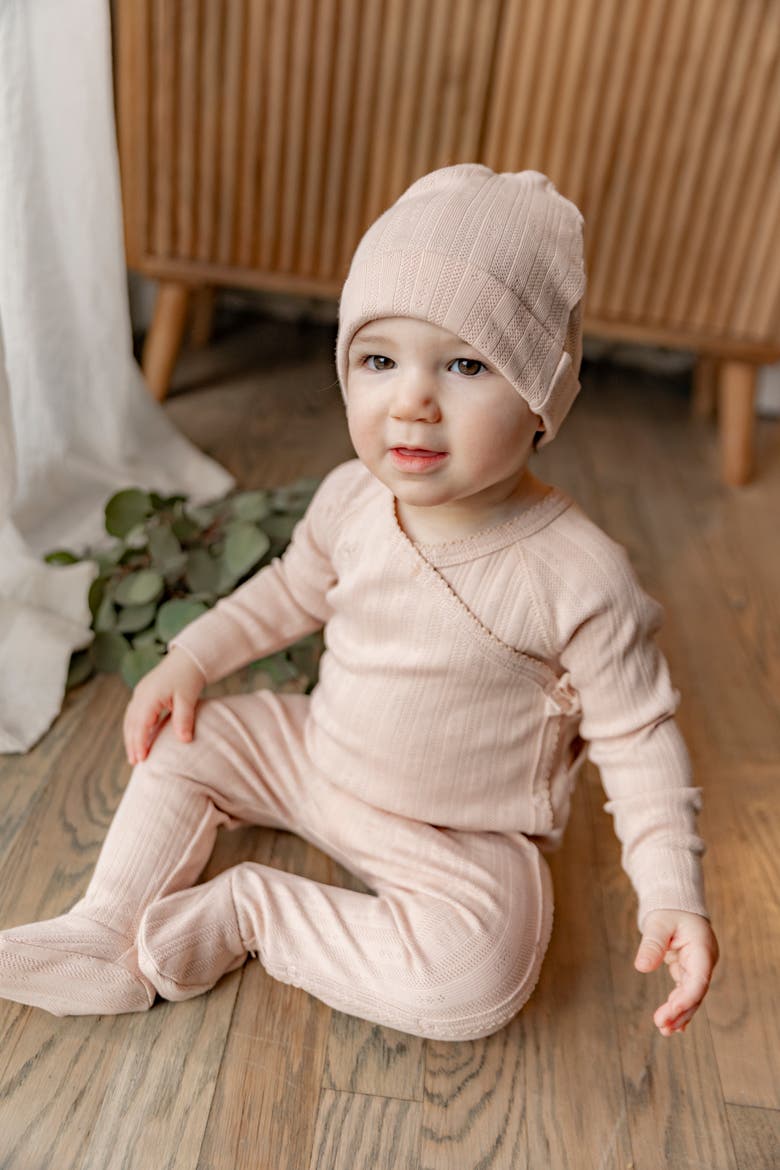 Pointelle Rib Wrap Romper and Matching Hat, Alternate, color, White
