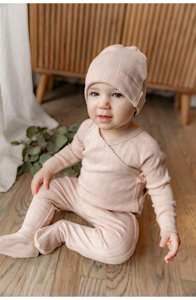 Bebe Bella Pointelle Rib Wrap Romper and Matching Hat, Alternate, color, White