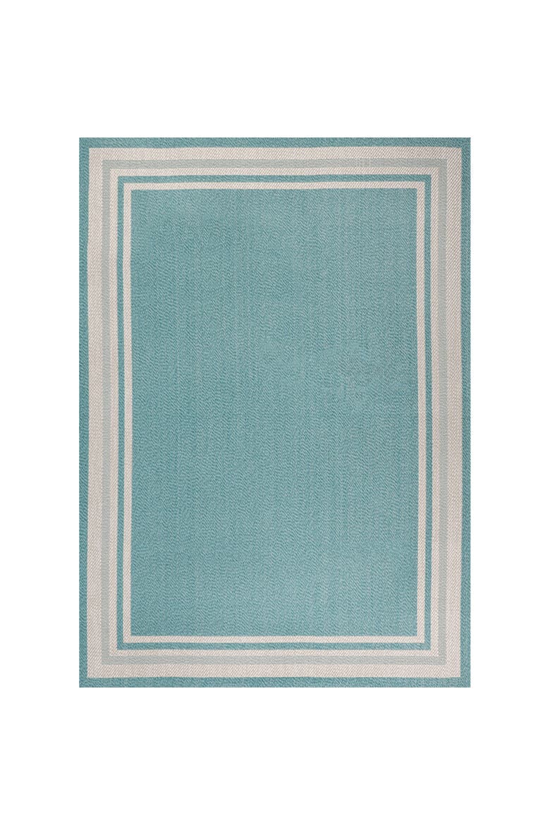 James Modern Border Stripe Indoor/Outdoor Area Rug, Main, color, Aqua/Beige