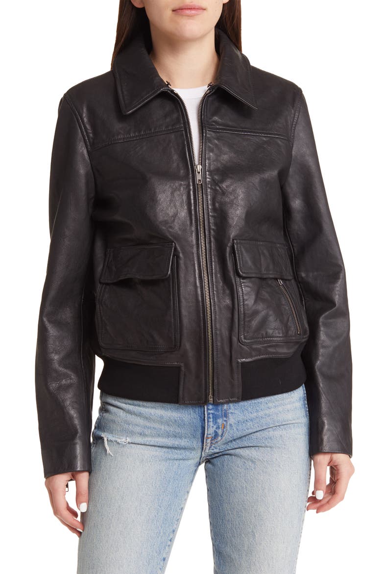 Leather Bomber Jacket with Removable Faux Shearling Trim, Alternate, color, BLACK