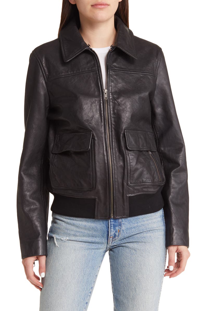 Treasure & Bond Leather Bomber Jacket with Removable Faux Shearling Trim, Alternate, color, 