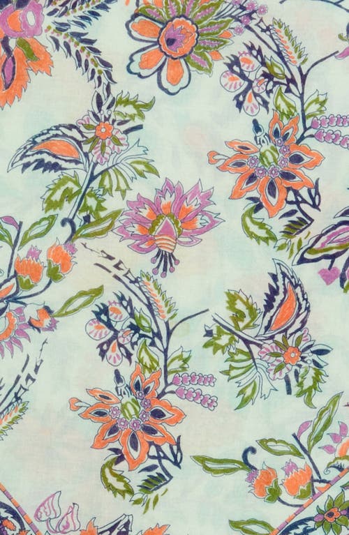 Vismaya Floral Print Tassel Cotton Scarf In Light Green Multi