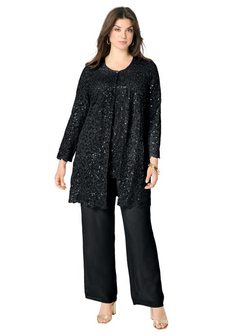 Plus Size 3 Piece Allover Sequin Lace Jacket And Tank Pant Set
