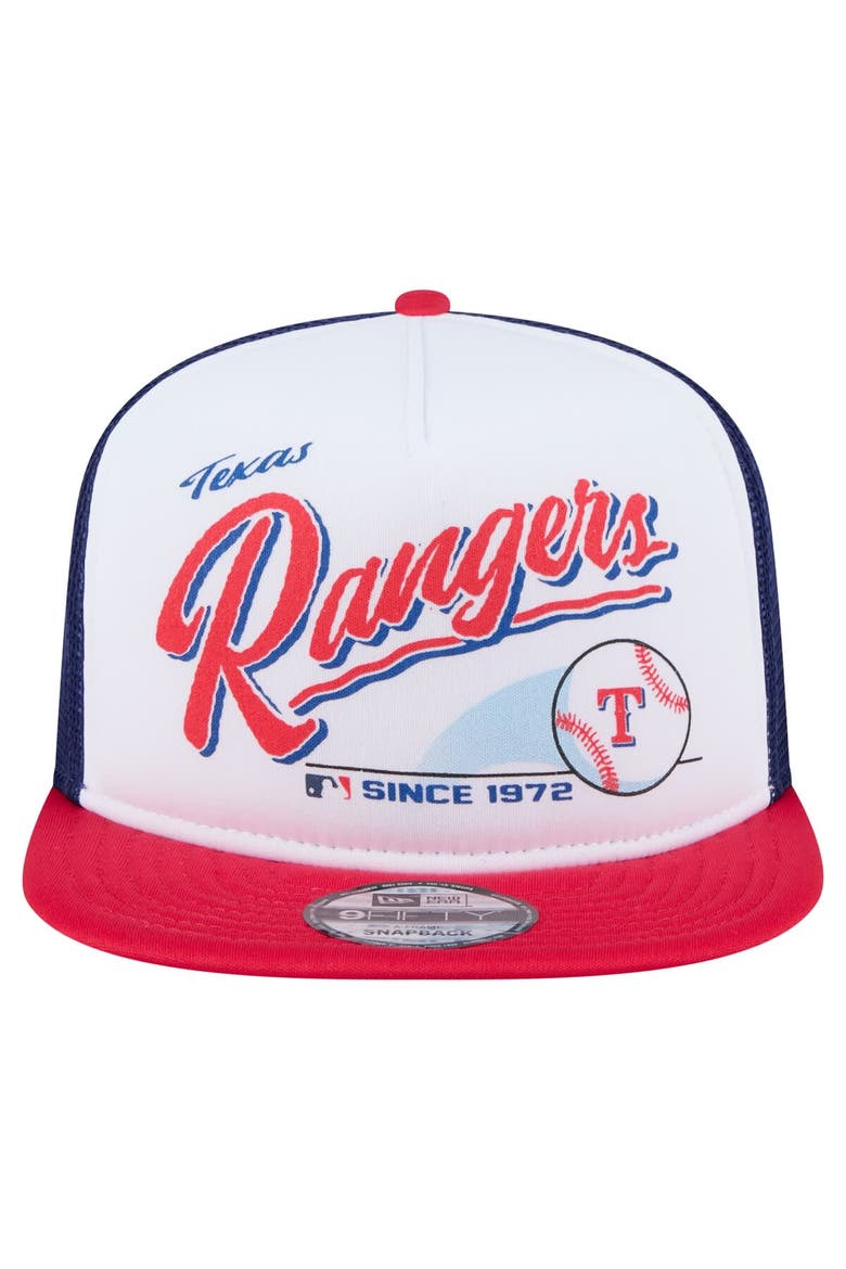 Men's New Era White/Red Texas Rangers Retro Script Trucker 9FIFTY Snapback Hat, Alternate, color, White