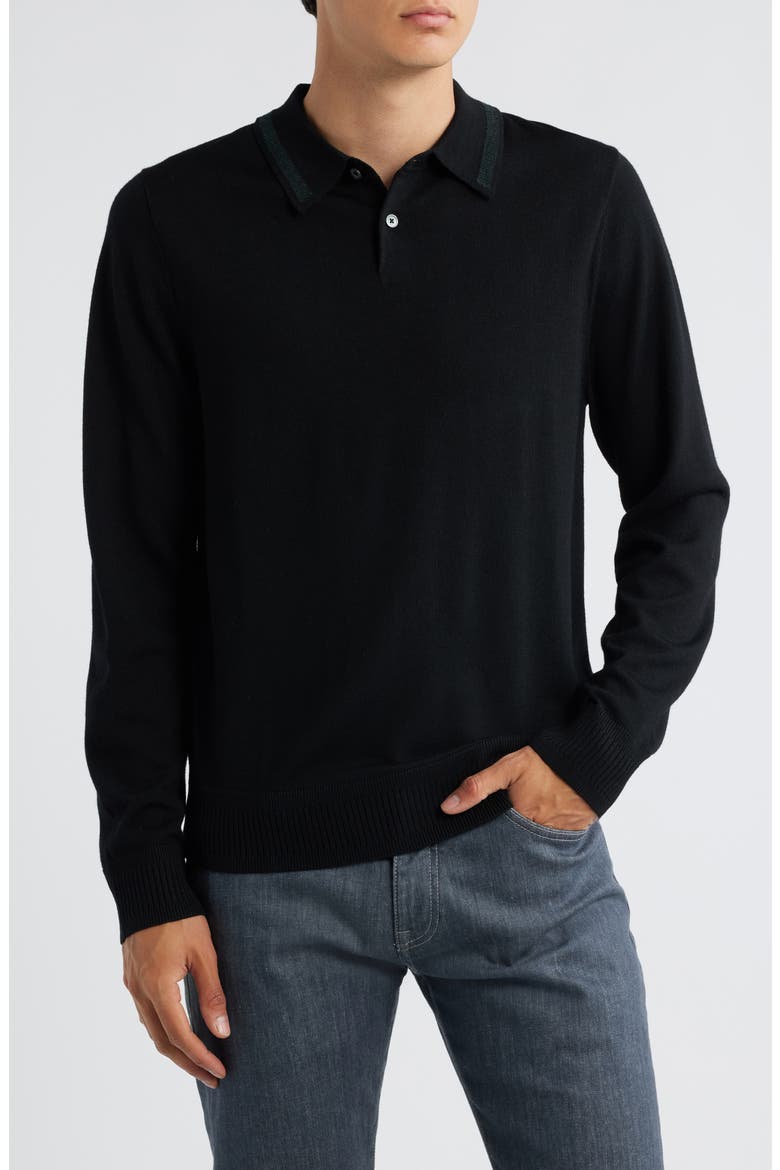 Long Sleeve Tipped Wool Polo Sweater, Main, color, BLACK