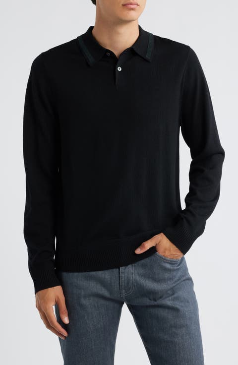 Long Sleeve Tipped Wool Polo Sweater