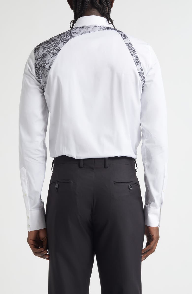 McQueen Lace Detail Harness Strap Cotton Poplin Button-Up Shirt, Alternate, color, Opticalwhite