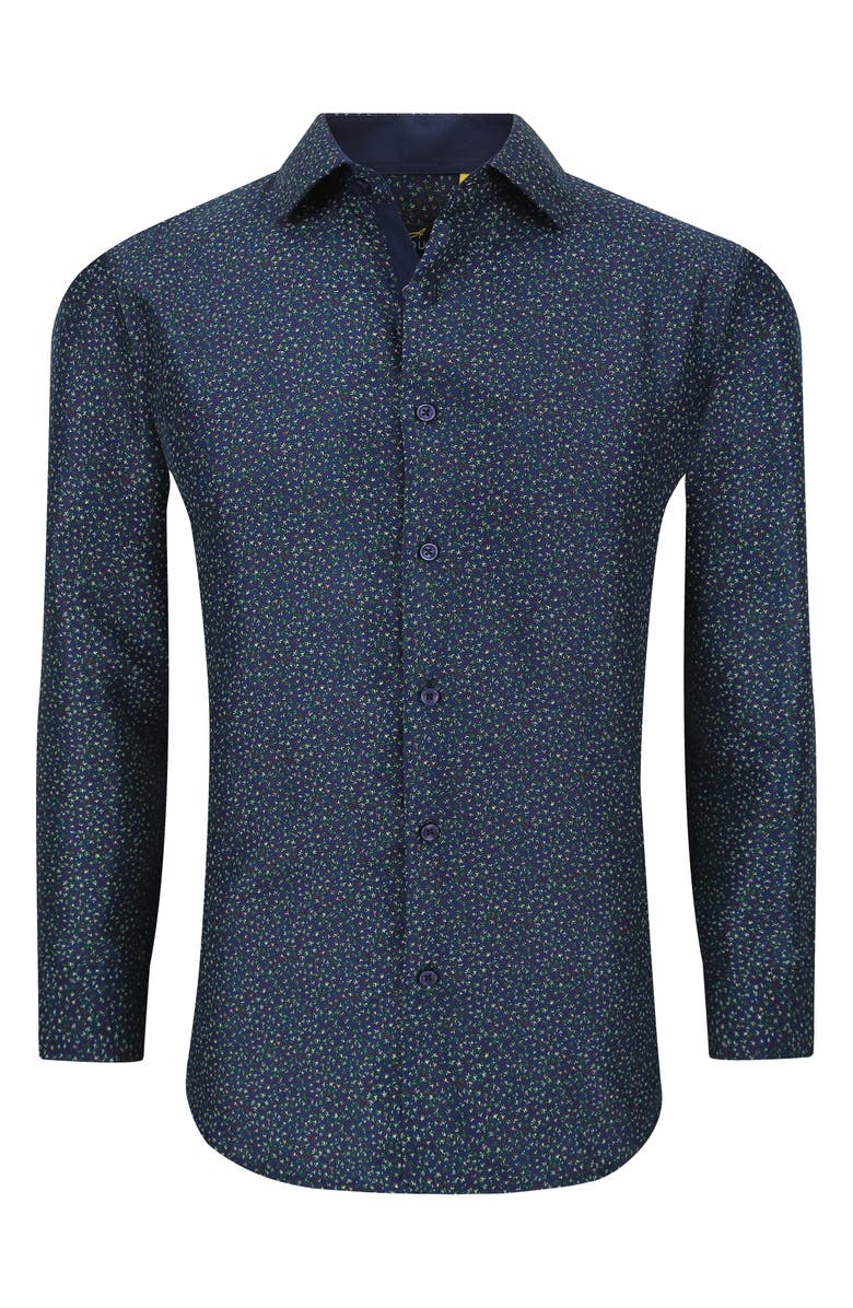 Azaro Uomo Slim Fit Flower Print Performance Button-Up Shirt, Alternate, color, Navy
