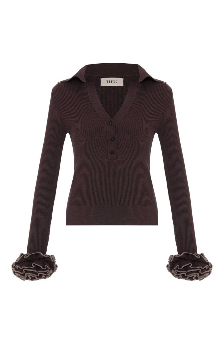 THEO The Label Nomia Ruffle Sleeve Johnny Sweater, Alternate, color, Koffee/Wheat