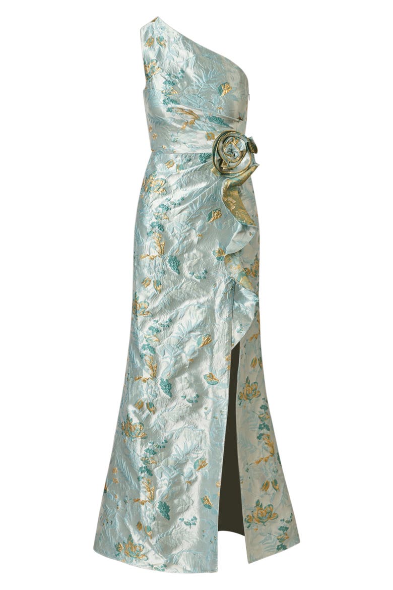 One-Shoulder Rosette Metallic Jacquard Slit Gown, Alternate, color, BLUE MULTI