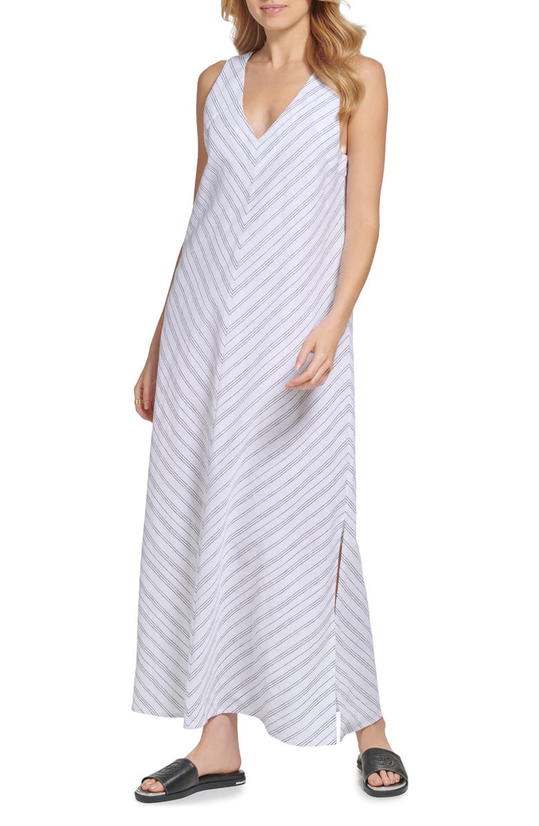 DKNY Stripe V-Neck Linen Blend Maxi Dress, Main, color, 