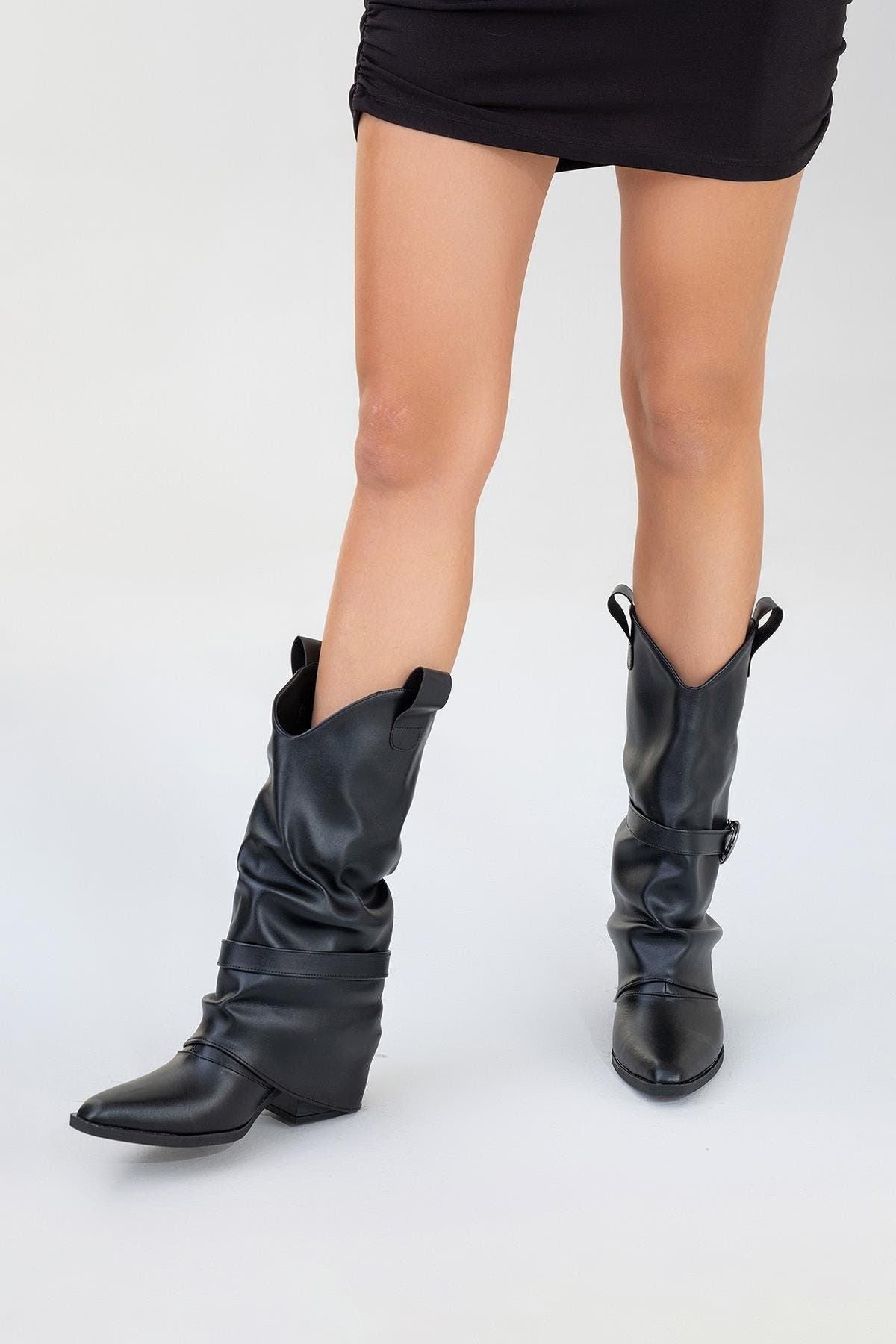 Okus Buckle Block Heel Boot, Alternate, color, Black Faux Leather