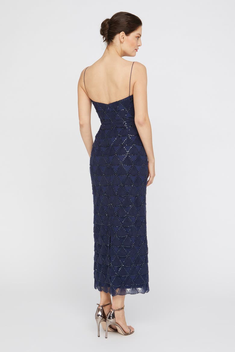 Elsy Textured Tulle Spaghetti Straps Beaded Sheath Dress, Alternate, color, Navy