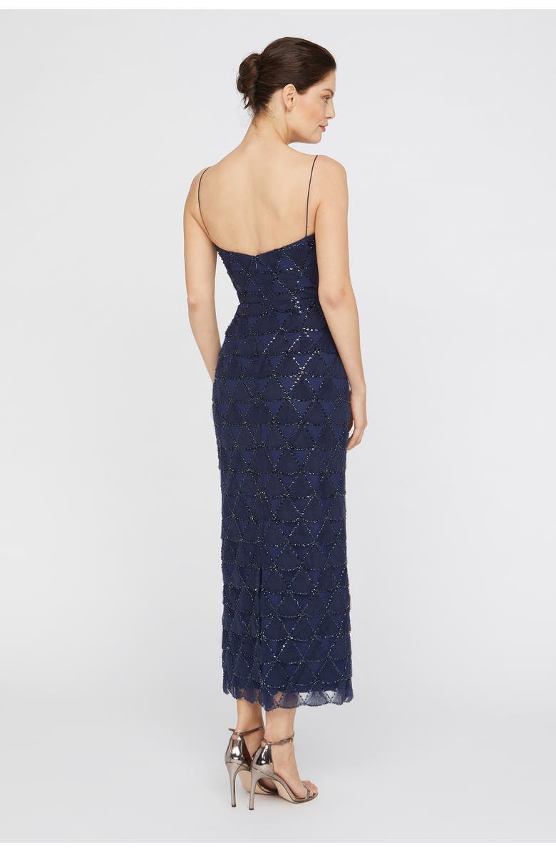Theia Elsy Textured Tulle Spaghetti Straps Beaded Sheath Dress, Alternate, color, Navy