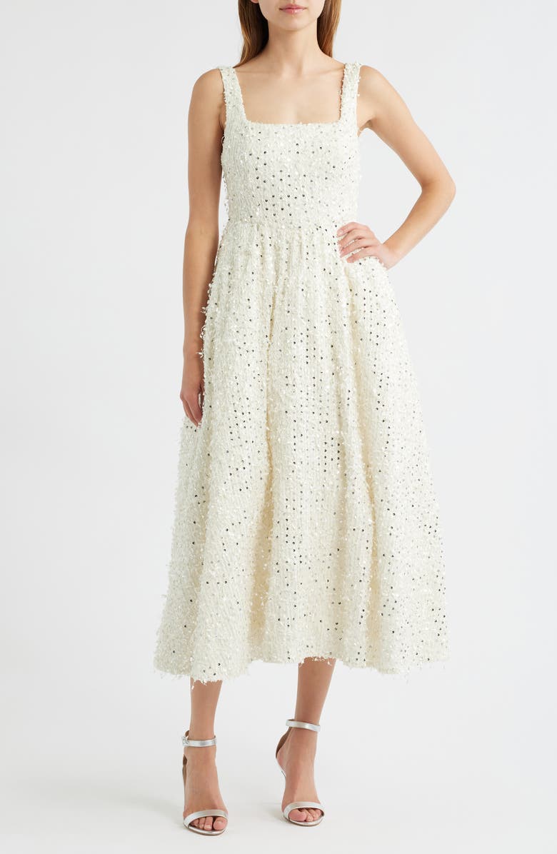 Sonya Moda Valentino Sequin Tweed Midi Dress, Main, color, Pearl