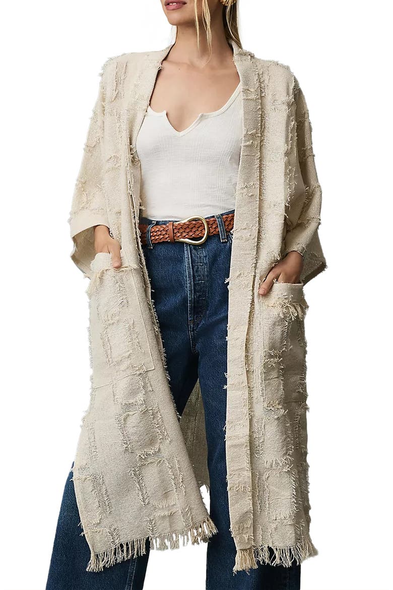 Shimmering Textured Fringe Long Duster, Main, color, IVORY