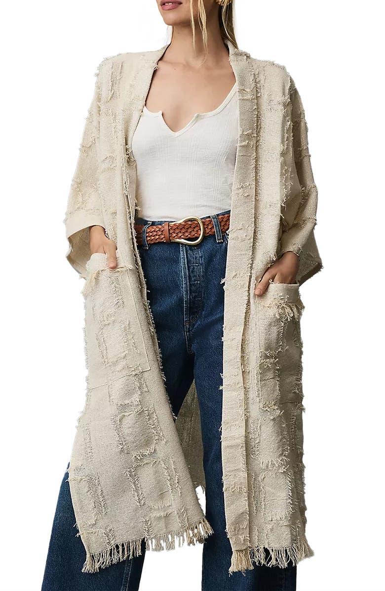 SAACHI Shimmering Textured Fringe Long Duster, Main, color, Ivory