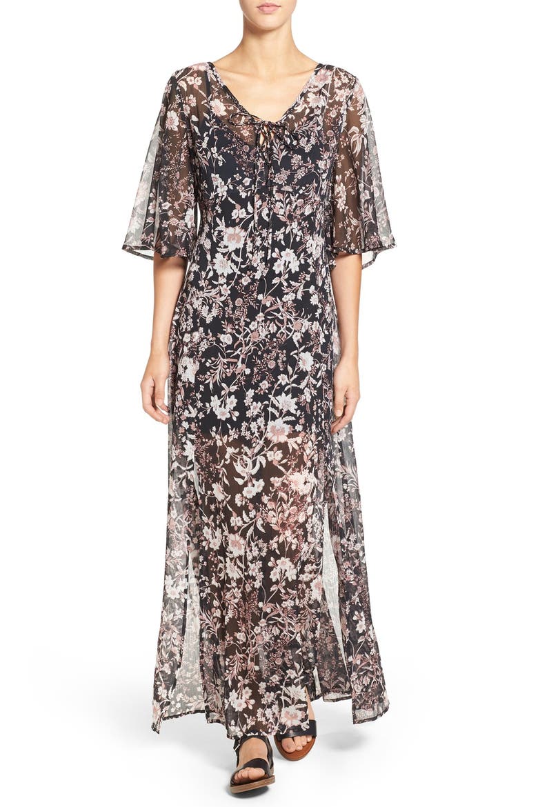 Floral Print Sheer Maxi Dress, Main, color, BLACK/ TAUPE