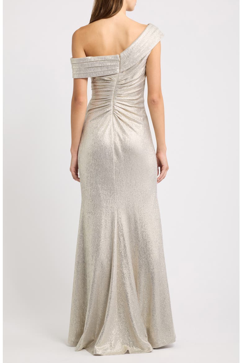 One-Shoulder Ruched Metallic Gown, Alternate, color, GOLD