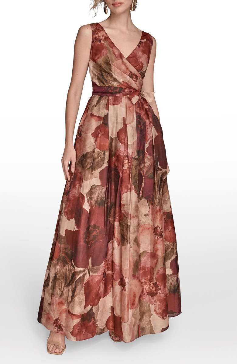 Donna Karan New York Floral Wrap Front A-Line Gown, Main, color, Rohdndrn M