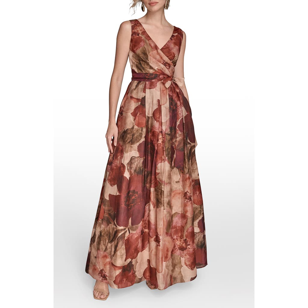 Donna Karan New York Floral Wrap Front A-line Gown In Brown