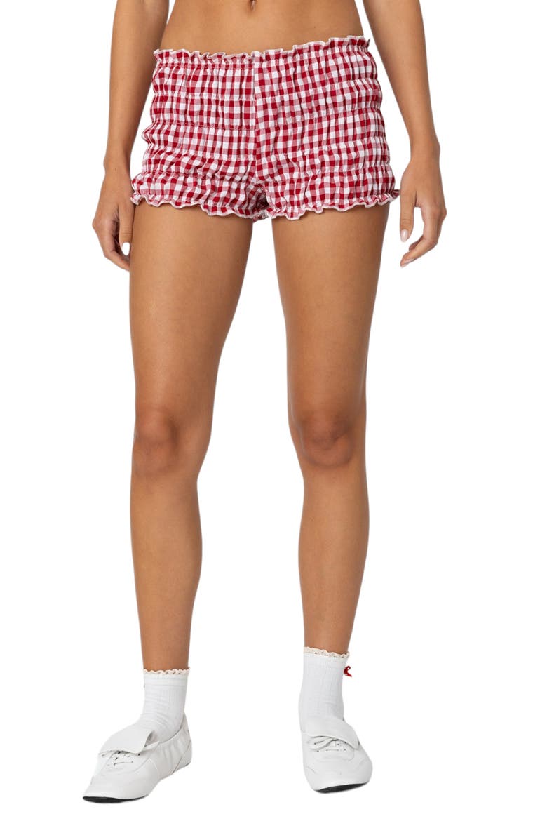 Gingham Shirred Microshorts, Main, color, RED