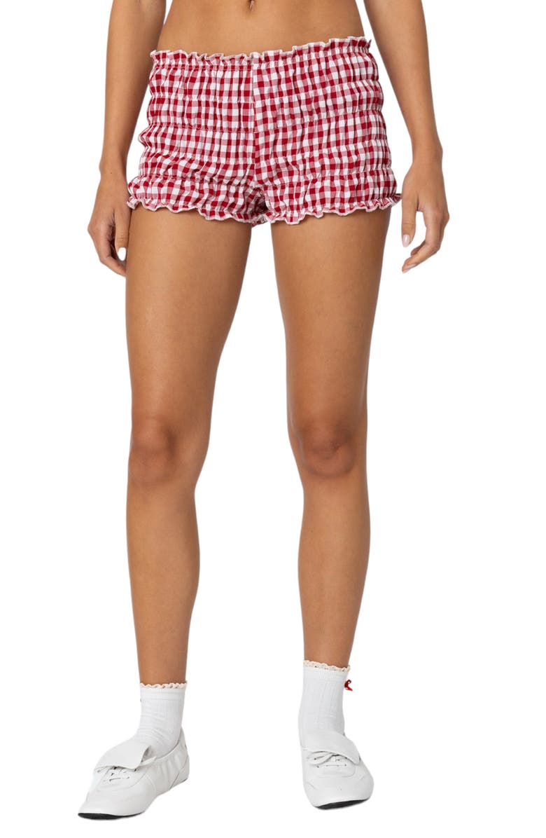 EDIKTED Gingham Shirred Microshorts, Main, color, Red