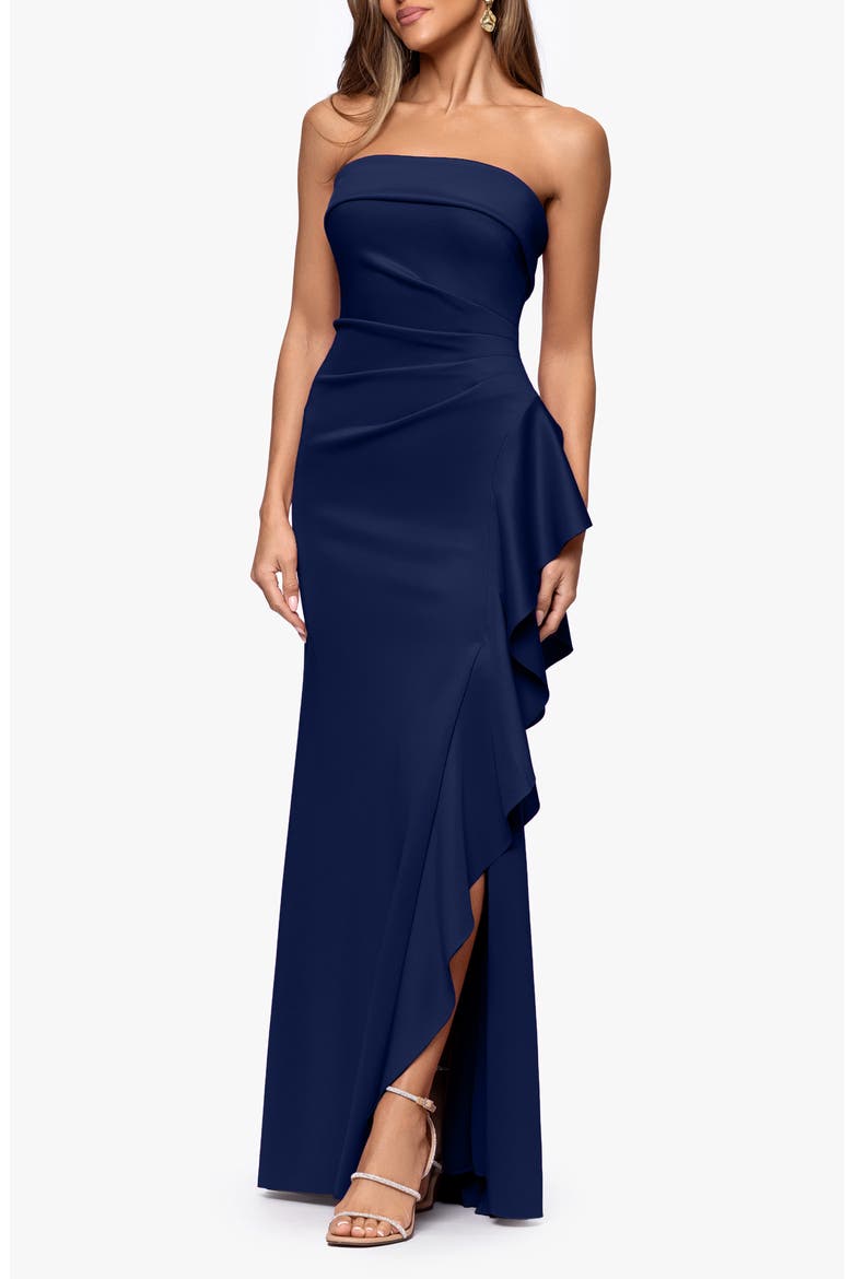 Ruffle Strapless Scuba Crepe Gown, Alternate, color, MIDNIGHT