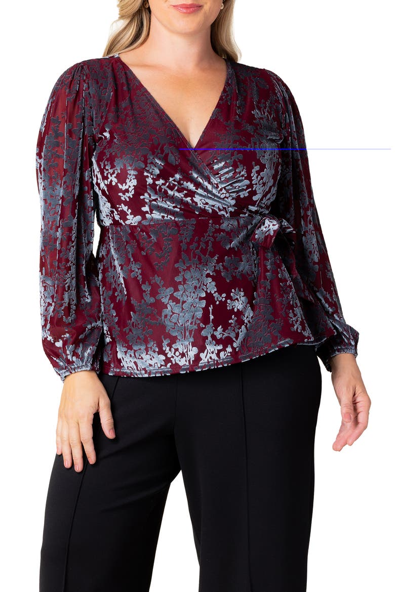 Loretta Burnout Velvet Wrap Top, Main, color, BURGUNDY FROSTED BRANCHES