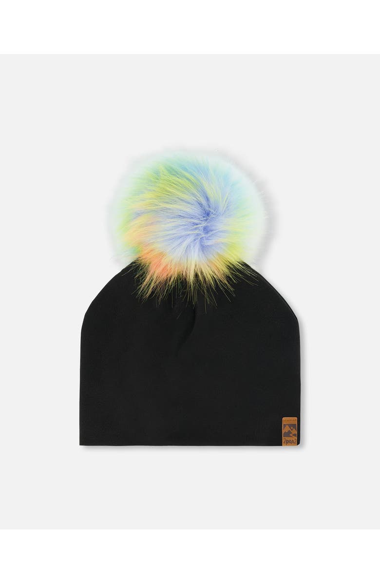 Deux par Deux Girl's Black Solid Jersey Detachable Multicolored Pompom Hat, Main, color,