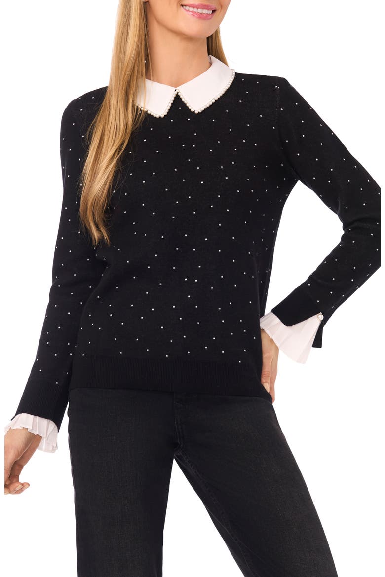 Faux Pearl Contrast Collar Cotton Top, Main, color, RICH BLACK