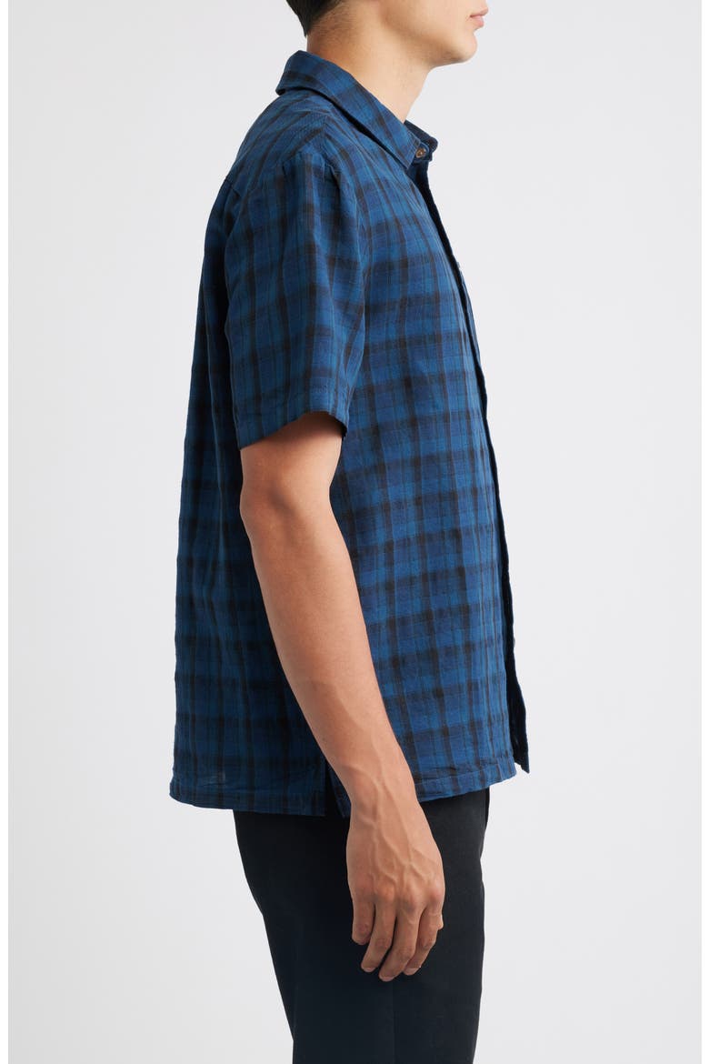 Cru Plaid Linen Blend Short Sleeve Shirt, Alternate, color, DARK BLUE/ BLACK PLAID