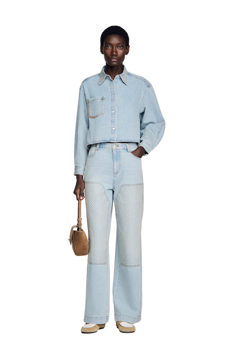 SANDRO Rhinestone cropped denim shirt, Alternate, color, Light Bu Jean