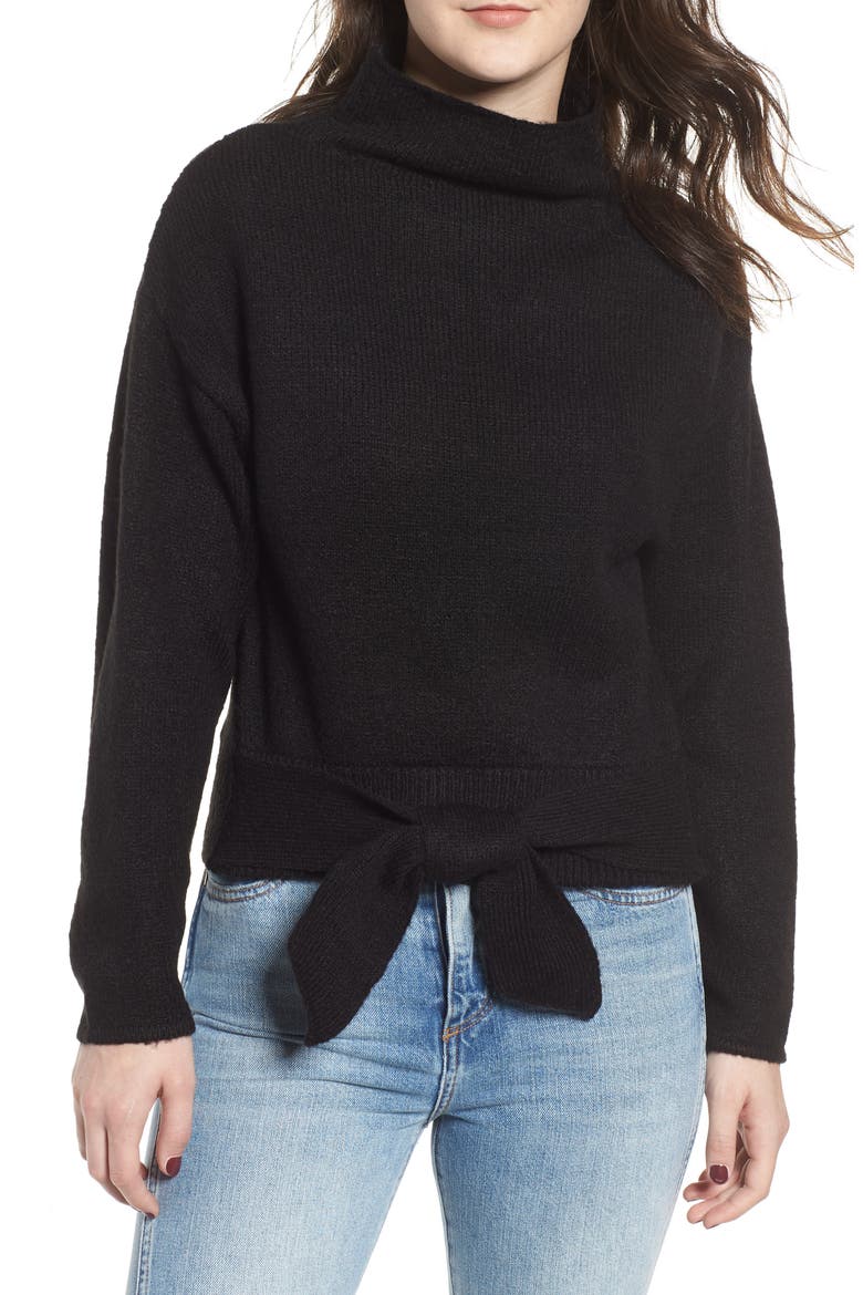 Tie Hem Funnel Neck Sweater, Main, color, BLACK