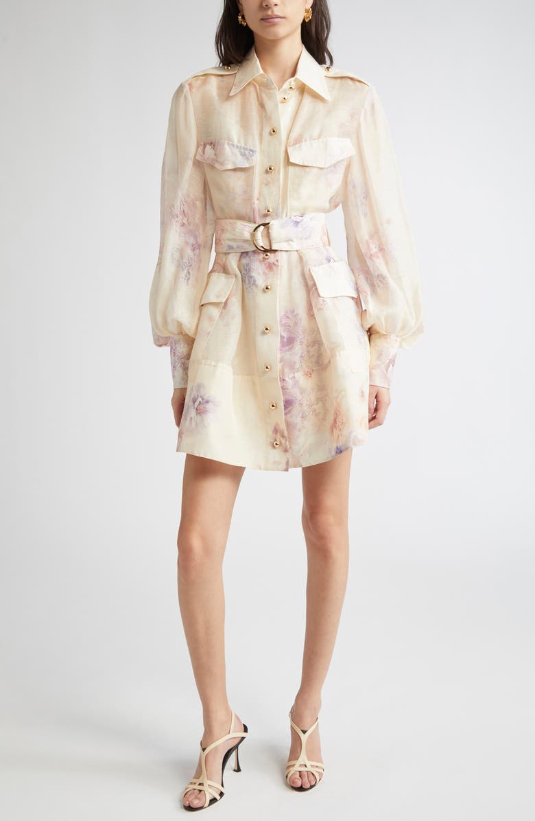 Zimmermann Hypnotic Floral Print Long Sleeve Organza Shirtdress, Main, color, Cream Floral