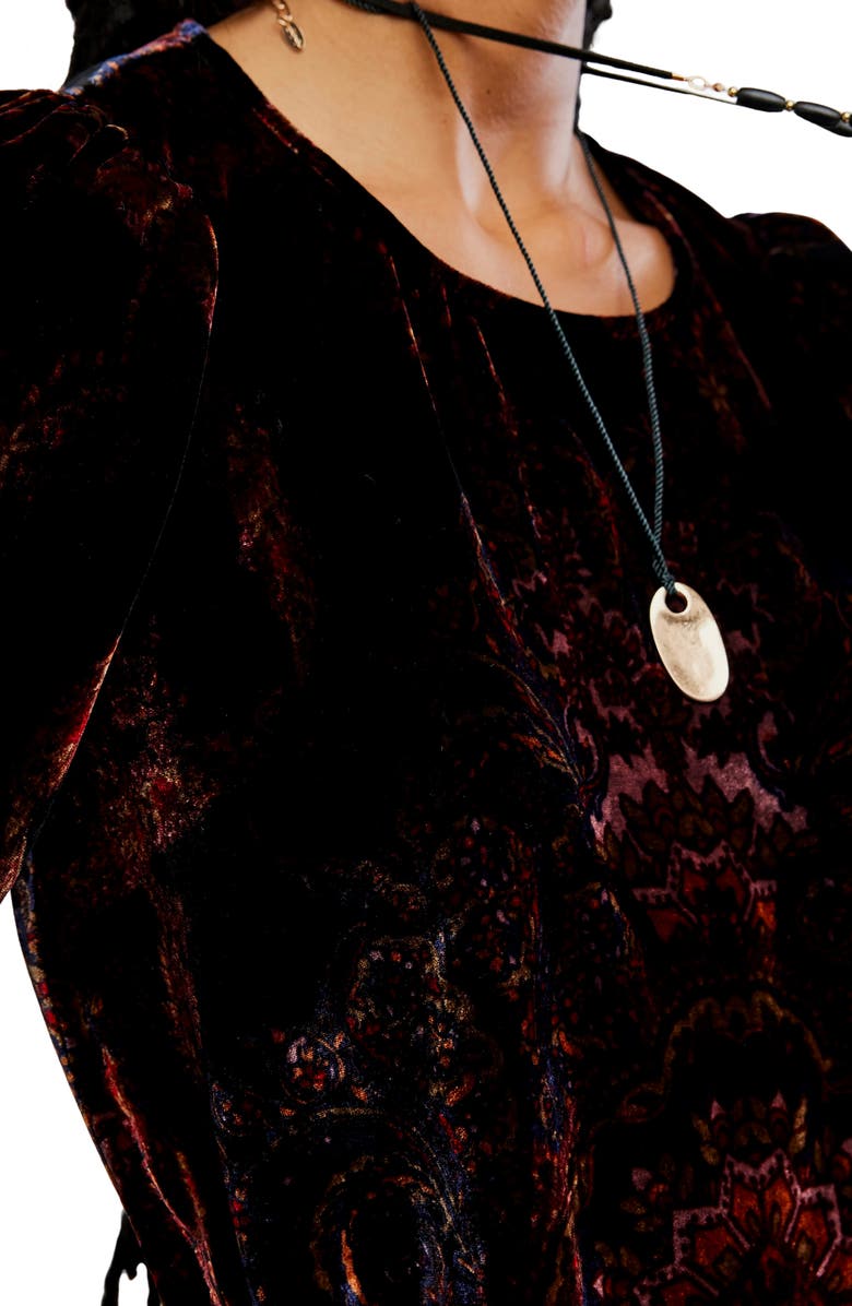 Free People Maye Print Puff Sleeve Velvet Tunic Top, Alternate, color, Dark Black Combo