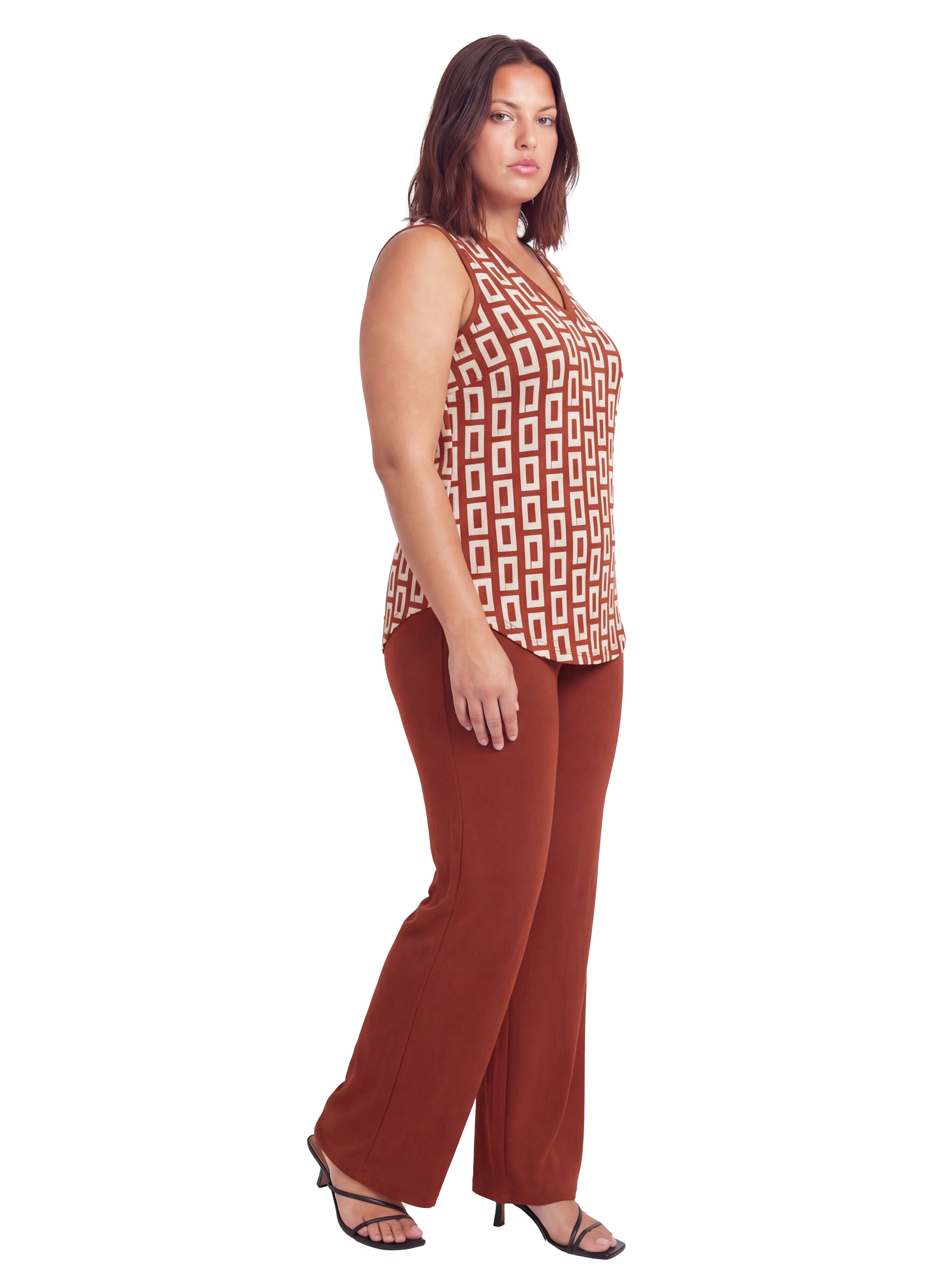 Curvy Essential Abstract Print V-Neck Sleeveless Round Hem Top and Elastic Waist Flared Pant Set - image 2