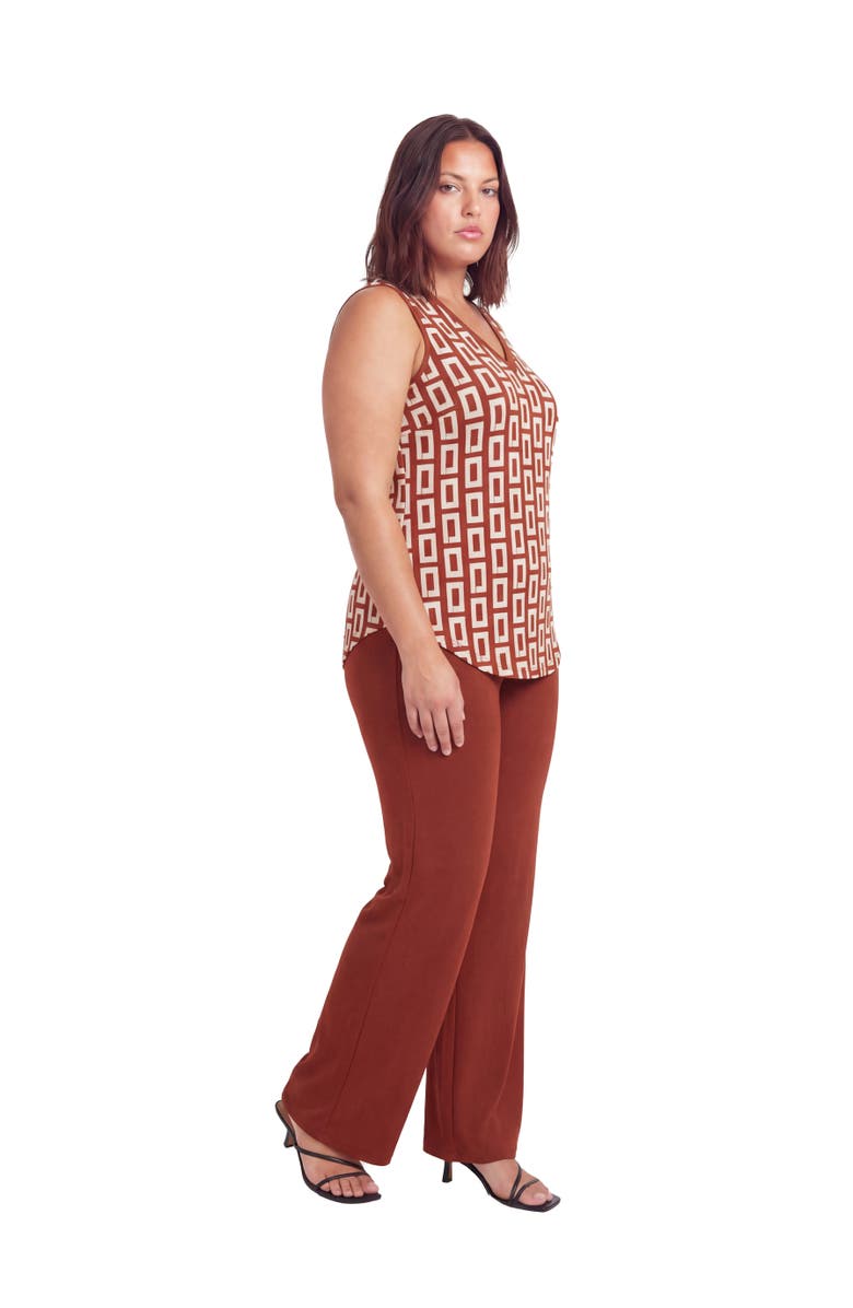 24seven Comfort Apparel Curvy Essential Abstract Print V-Neck Sleeveless Round Hem Top and Elastic Waist Flared Pant Set, Alternate, color, Orange Multi