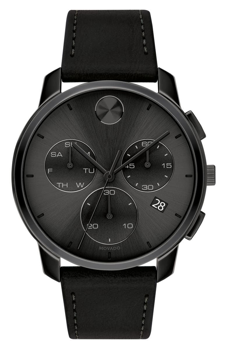 Movado Bold Chronograph Leather Strap Watch, 42mm, Main, color, Black