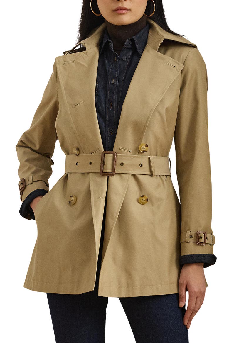 Double Breasted Belted Cotton Blend Trench Coat, Main, color, BIRCH TAN