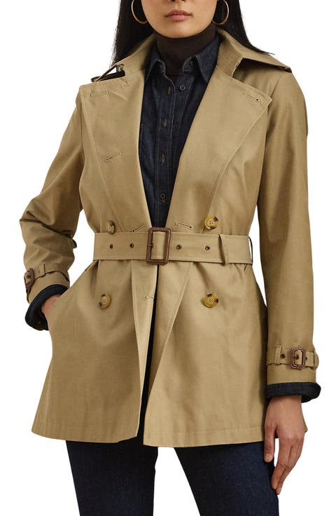 Double Breasted Belted Cotton Blend Trench Coat