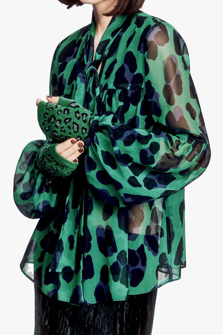 Jewel Jaguar Chiffon Tie Blouse, Alternate, color, JADE