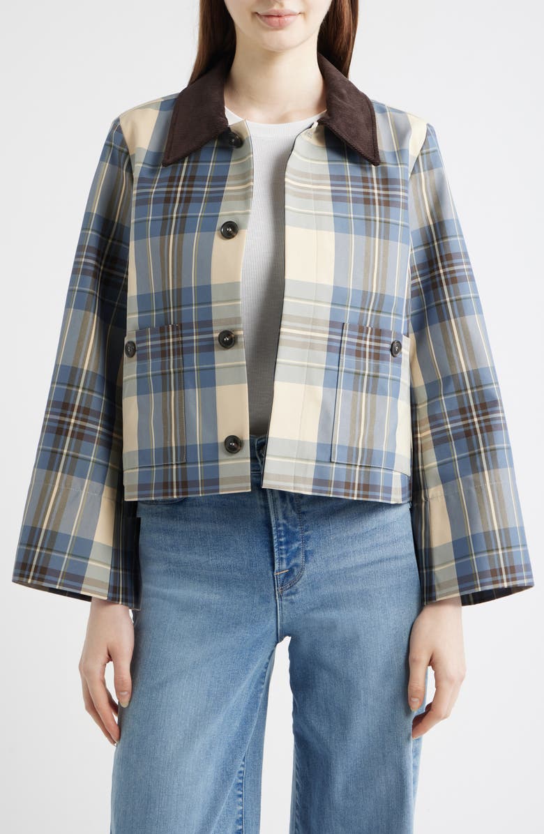 FRAME The Short Plaid Cotton Blend Mac Coat, Alternate, color, Navy Check
