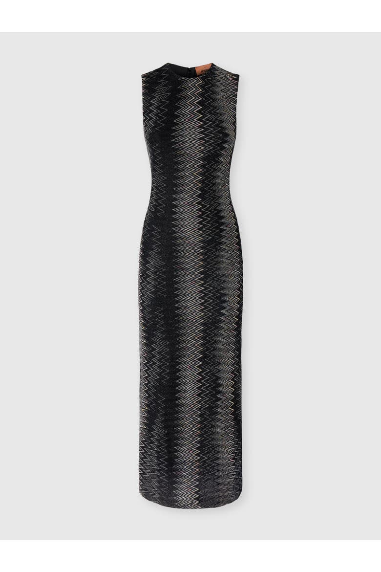 Flared Midi Dress In Viscose Lamé Chevron, Main, color, Black