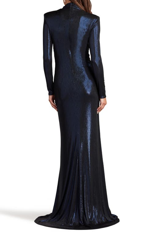 Tadashi Shoji Metallic Long Sleeve Liquid Jersey Gown In Royal Navy
