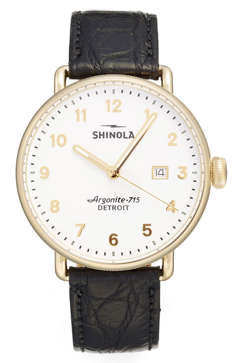 The Canfield Leather Strap Watch, 43mm, Main, color, BLACK/ WHITE/ GOLD