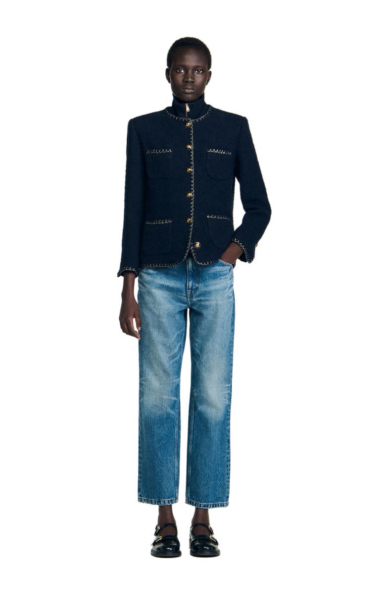 SANDRO Tweed jacket with removable collar, Alternate, color, Navy Blue