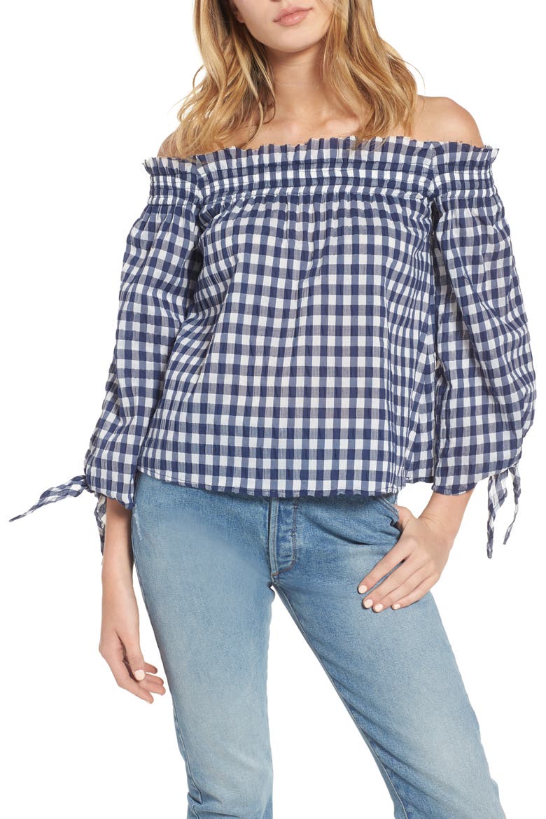 Pina Gingham Off the Shoulder Top, Main, color, NAVY GINGHAM